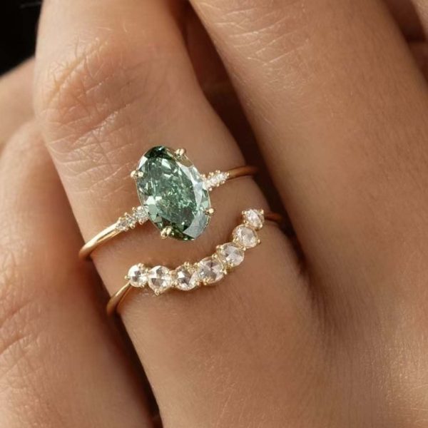 Green Stone Moissanite Stacked Ring Set for Women