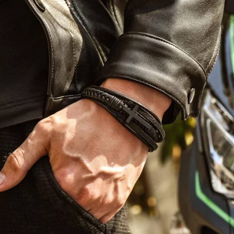 Stainless Steel and Leather Cross Bracelet