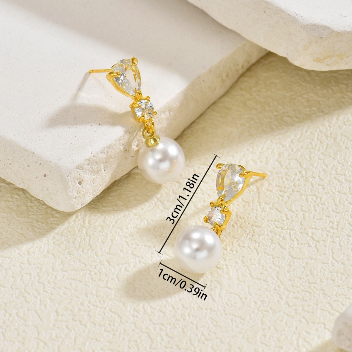 Geometric Pearl Zircon Stud Earrings - Image 7