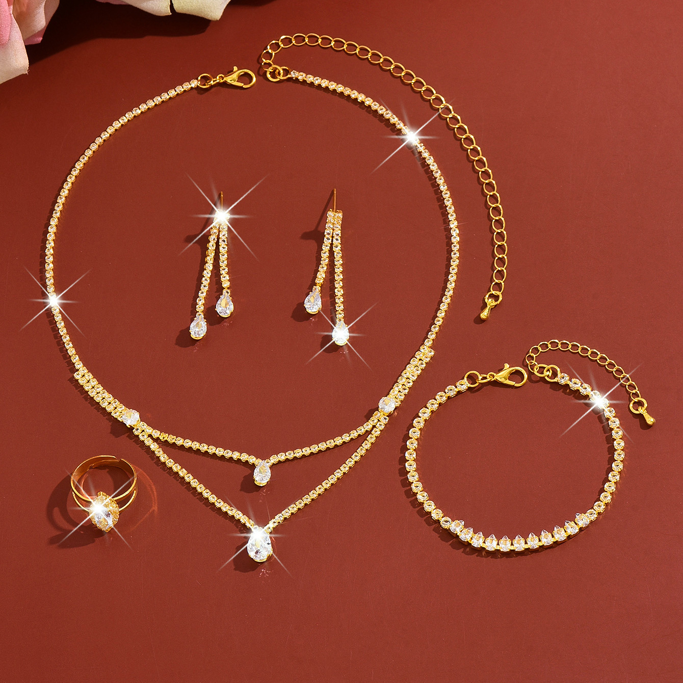 Double-Layer Water Drop Pendant Four-Piece Jewelry Set - Image 2
