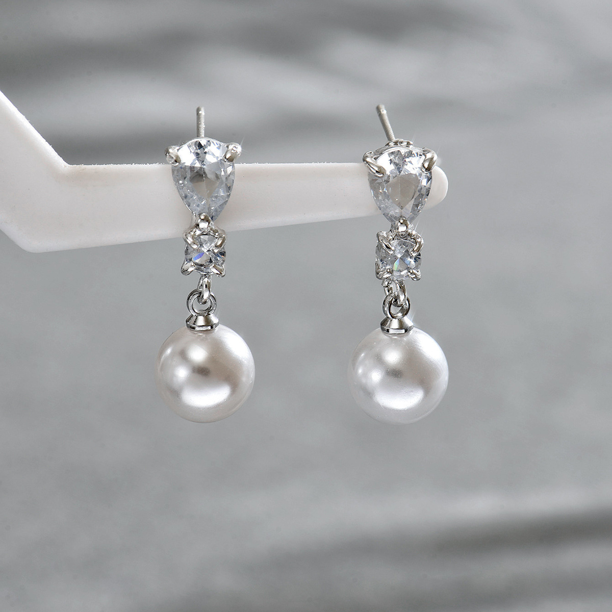Geometric Pearl Zircon Stud Earrings - Image 5