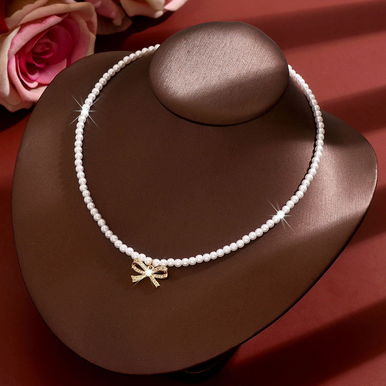 European Sparkly Bow Faux Pearl Choker - Image 4