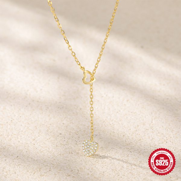 S925 Silver Double Heart Y Necklace